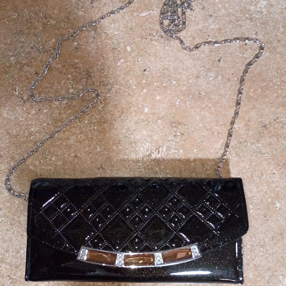 Black Quilted Patent Leather Chain Strap Clutch